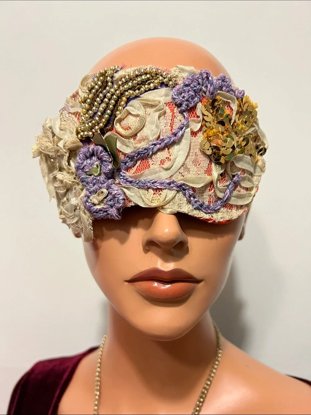 Embellished Cream and Lavender Lace Sleep Mask